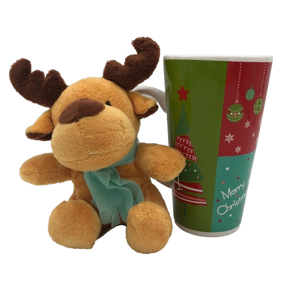 Tall Ceramic Merry Christmas Holiday Coffee Mug With Reindeer Plush Ornament - Picture 2 of 7